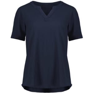 A navy women's ruché short sleeve blouse with a V-neck and a slightly curved hem. Features a simple design and has a logo.
