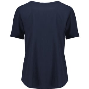 A navy blue women's blouse with short sleeves and a ruché texture, featuring a simple design and a logo.