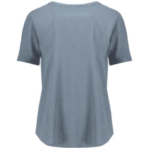 A blue women's short sleeve blouse with a textured finish and a relaxed fit, featuring a logo.