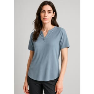 A women's short sleeve blouse in a light blue hue, featuring a henley-style neckline and a relaxed fit.