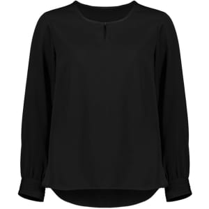 A black long sleeve blouse featuring a round neckline and gathered cuffs. It has a subtle keyhole detail at the front.