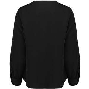 A black long sleeve blouse with a simple design and gathered sleeves. It features a rounded neckline and a logo.