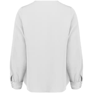 A light grey women's long sleeve blouse with button details on the sleeves and a simple back design.