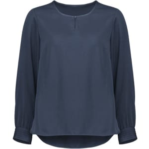A navy long sleeve blouse with a round neckline and gathered sleeves. It features a subtle sheen and a loose fit.