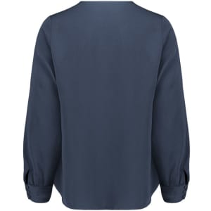 A navy long sleeve blouse with a smooth fabric and button details on the sleeves, featuring a simple back design.
