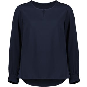 A navy blue long sleeve blouse with a round neckline and gathered sleeves. It features a subtle logo on the side.