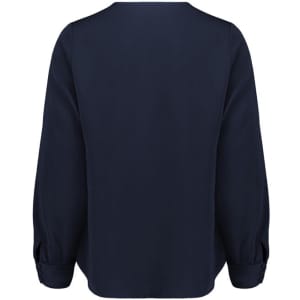 A navy blue women's long sleeve blouse featuring a simple back design and gathered sleeve detail.