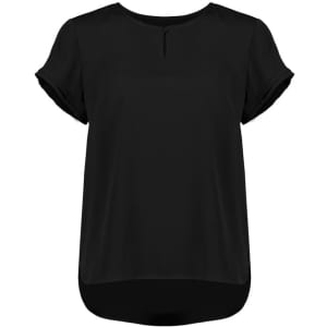 A black short sleeve blouse with a round neckline and rolled sleeves, featuring a slight drop hem and a logo.