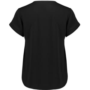 A black short sleeve blouse with a relaxed fit and rolled sleeves, featuring a logo on the back.