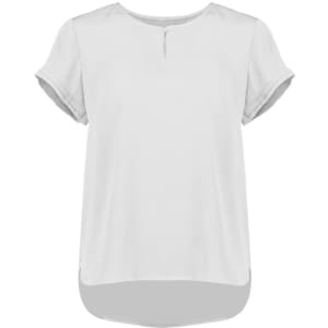 A light grey short sleeve blouse with a round neckline and a slightly longer back hem. It features rolled sleeves and has a logo.