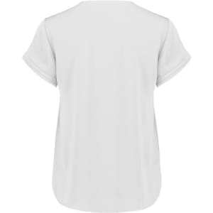 A white women's short sleeve blouse with rolled sleeves and a relaxed fit, featuring a brand logo.