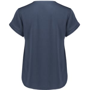 A women's short sleeve blouse in navy blue with rolled sleeves and a relaxed fit, featuring a logo.