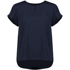 A navy blue women's short sleeve blouse with a round neckline and rolled sleeves, featuring a slightly longer back.