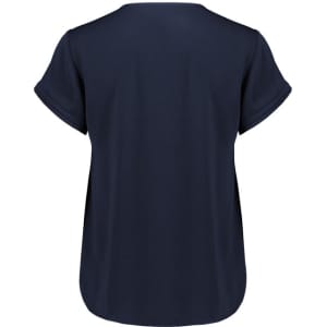 A navy short sleeve blouse with a relaxed fit and rolled sleeves, featuring a solid design and no visible branding.