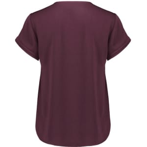 A women's short sleeve blouse in a deep burgundy colour, featuring rolled sleeves and a relaxed fit.