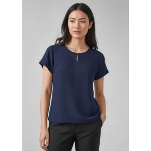 A navy blue women's short sleeve blouse with a keyhole neckline, featuring a relaxed fit and cuffed sleeves.