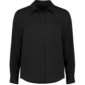 A black long sleeve shirt with a collared neckline and button-down front. It features long sleeves and a relaxed fit.