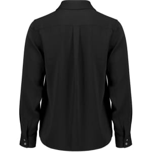A black long sleeve shirt with a collar and buttoned cuffs, featuring a pleated back design.