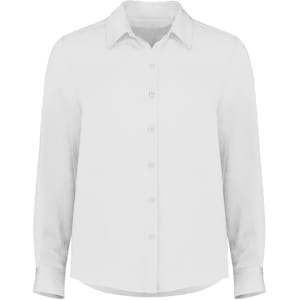 A women's long sleeve shirt in white with a button-down front and collar. It features a branding logo.