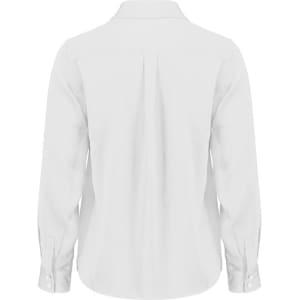 A white long sleeve shirt with a collar and buttoned cuffs, featuring a central back pleat. It has a logo.
