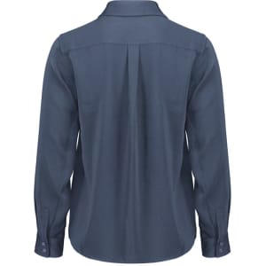 A women's long sleeve shirt in a navy blue colour, featuring a back pleat and buttoned cuffs. It has a logo present.
