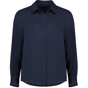 A navy long sleeve women's shirt featuring a collar and button front, with a simple design and branding present.