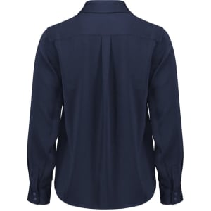 A navy blue women's long sleeve shirt featuring a collared neckline and back pleat detail. It includes a logo.