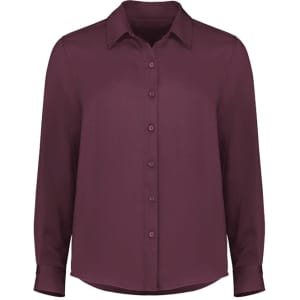 A button-up shirt in deep burgundy with long sleeves and a collar, featuring front buttons and a subtle logo.