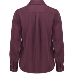 A burgundy women's long sleeve button-up shirt featuring a classic collar and a back pleat, with a logo present.