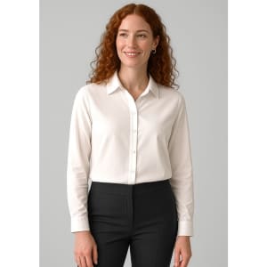 A white long sleeve button-up shirt for women, featuring a collar and shown with a model.