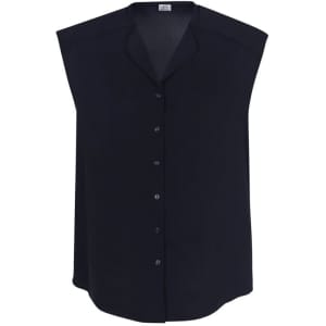 A sleeveless black blouse featuring a button front, with a relaxed fit and a subtle collar. It has a logo tag.