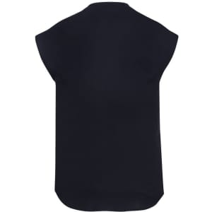 A black women's blouse with short sleeves and a rounded hem, featuring a logo.