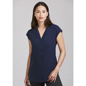 A navy blue women's blouse with short sleeves and a button-up design, featuring a collar and a fitted silhouette.