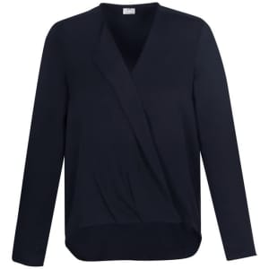 A women's navy blue hi-lo blouse with long sleeves and a wrap-style design. It features a logo on the label.