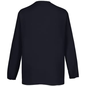 A black women's hi-lo blouse with long sleeves, featuring a simple, unadorned design and a relaxed fit.
