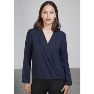 A women’s navy blue hi-lo blouse with long sleeves and a stylish wrap design, featuring a subtle logo.