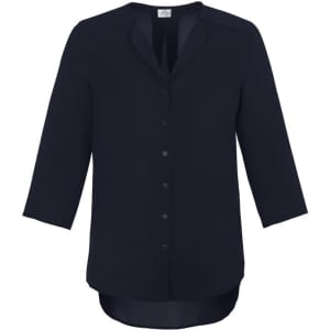 A women's longline blouse in navy blue with a button-up front and three-quarter sleeves. Features a logo on the label.