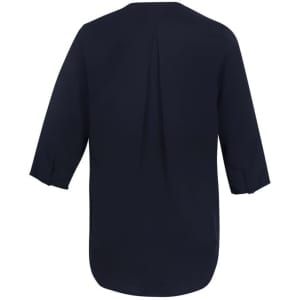 A navy blue women's longline blouse with three-quarter sleeves and a back pleat, featuring a branding logo.