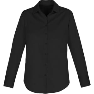 A black long sleeve button-up shirt with a classic collar and a logo on the chest.
