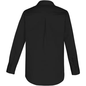 A black women's long sleeve button-up shirt with a back pleat and folded sleeves.