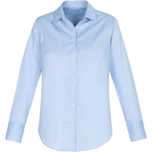 A light blue women's button-up shirt with long sleeves and a collar, featuring a logo on the fabric.