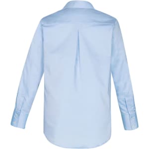 A light blue long sleeve button-up shirt featuring a back pleat and button cuffs, with a collar and a logo.