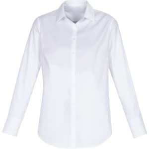 A white long sleeve button-up shirt for women with a collar and a logo on the chest.