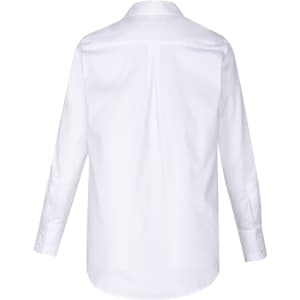 A white long sleeve button-up shirt with a collar and back pleat detail, featuring a logo on the fabric.