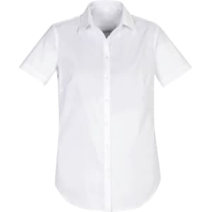 A white short sleeve button-up shirt with a classic collar and a rounded hem, featuring a logo.