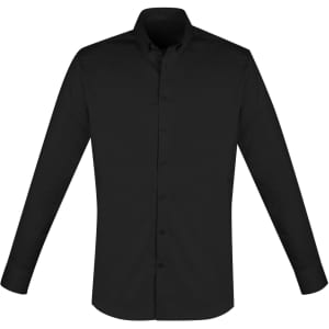A black long sleeve button-up shirt with a collar and a logo on the chest.