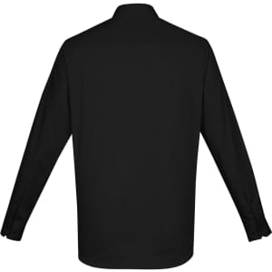 A black men's button-up shirt with long sleeves and a collar, featuring a logo on the back.