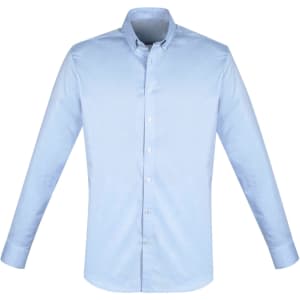 A light blue long sleeve button-up shirt with a collar and a logo. The shirt features a classic fit design.
