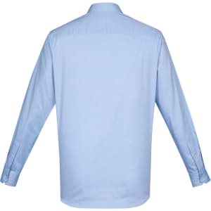 A light blue long sleeve button-up shirt with a classic collar and a logo on the back.