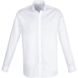 A white long sleeve button-up shirt with a classic collar and a logo on the chest.